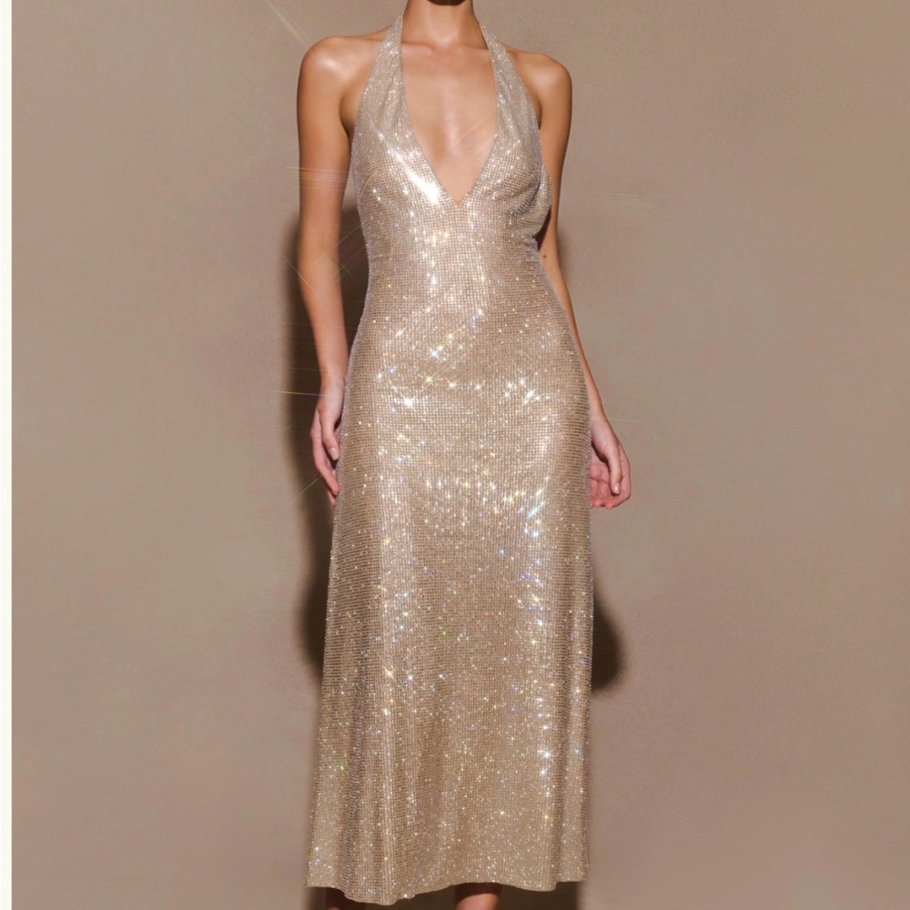 Meshki Shimmering Gold Halter Midi Dress